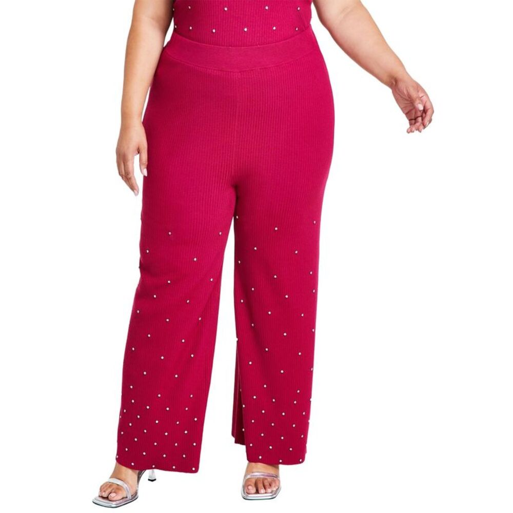 Nina Parker Womens Plus Size Embellished Rib-Knit Pants 1X Sangria - NWT $99